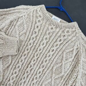 Helen Wall Hand Knit 100% Irish Wool Aran Cable Knit Sweater Oatmeal Beige Men L